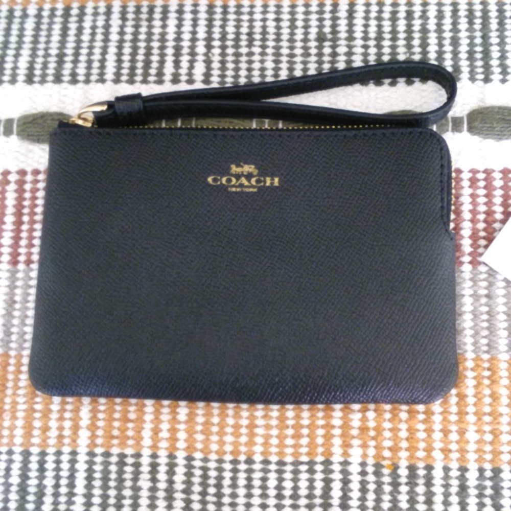 Coach Black Leather Wristlet with Gold Logo Detail - Picture 2 of 6